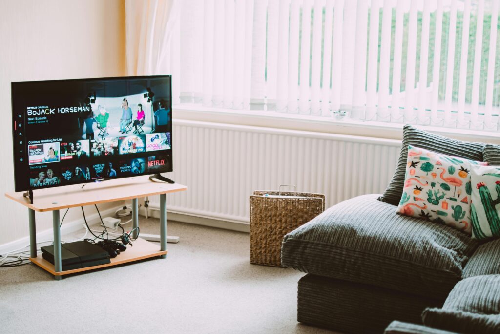 Chic and comfortable living room featuring a modern sofa, decorative pillows, and a TV streaming popular shows.